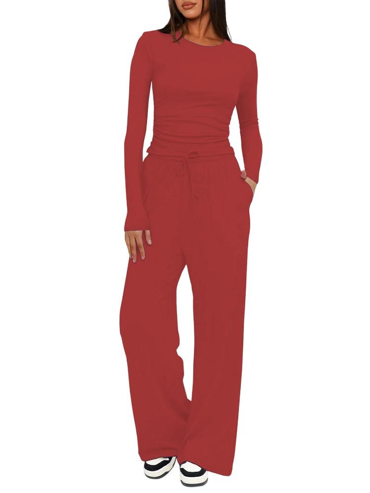 Solid Color Casual Long Sleeve Set Top High Waisted Wide Leg Pants Sportswear