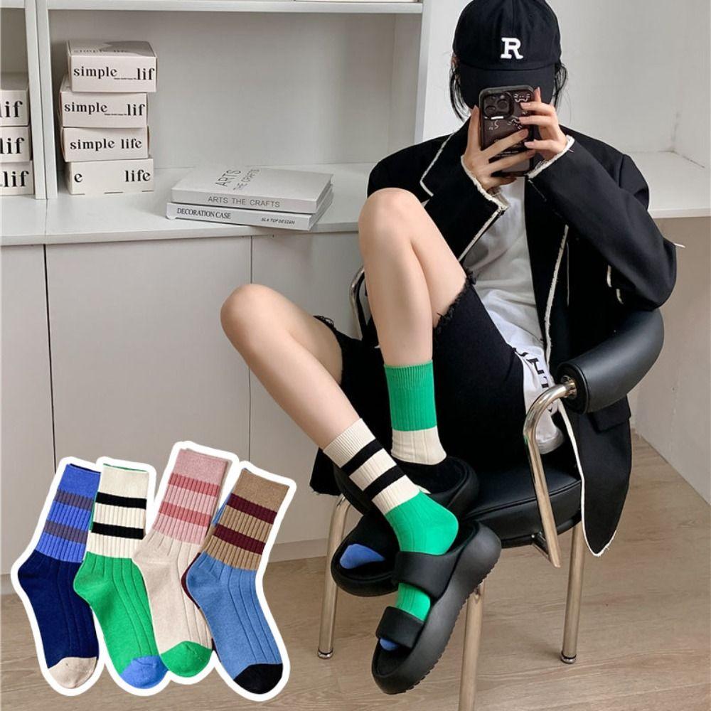 A Pair Stripes Mid Tube Socks Warm Womens Crew Socks Durable Cotton Socks  for Women