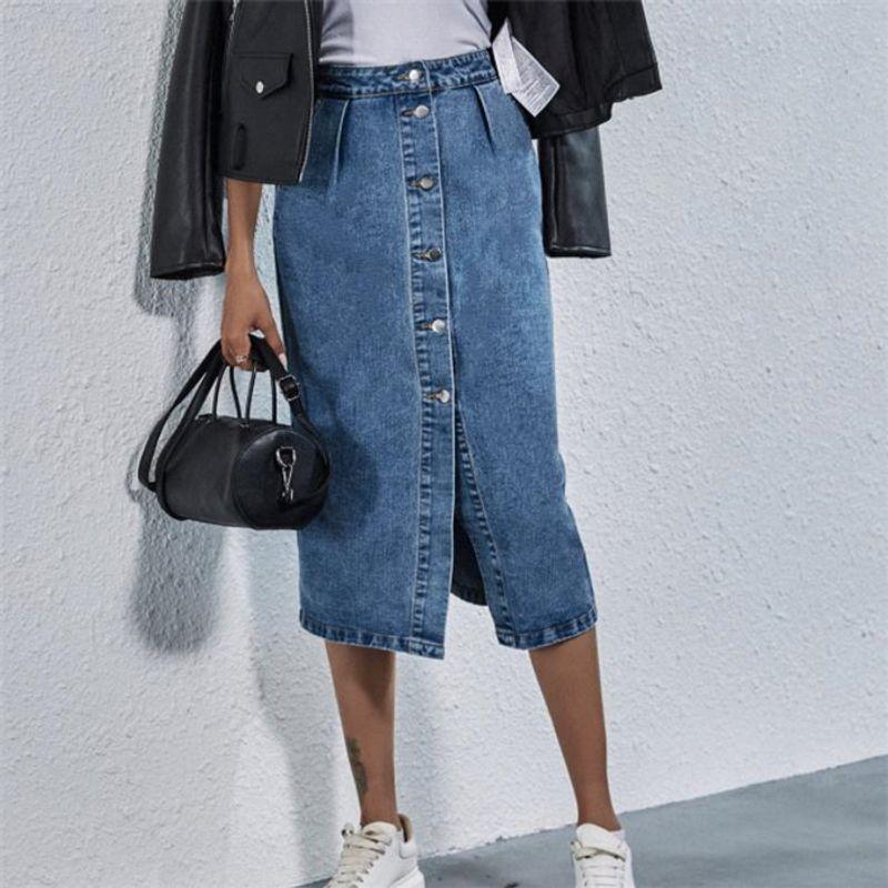 

Мода Мода Слим Юбка-миди из денима с разрезом и высокой талией Blue L