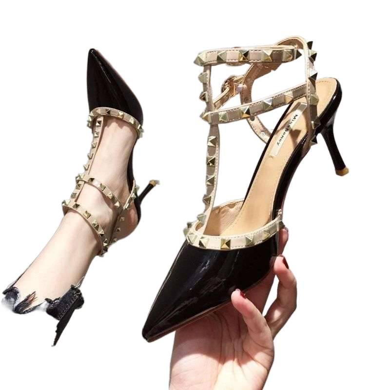 Rivet Nude High Heels Women's Thin Heels 2025 Spring and Autumn New Pointed Versatile Sexy Empty Women's Single Shoes