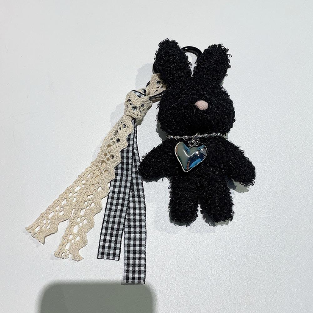 Silver Heart Plush Bag Pendant Bow Ribbon Rabbit Plush Doll Rabbit Doll Charm Bag Decoration