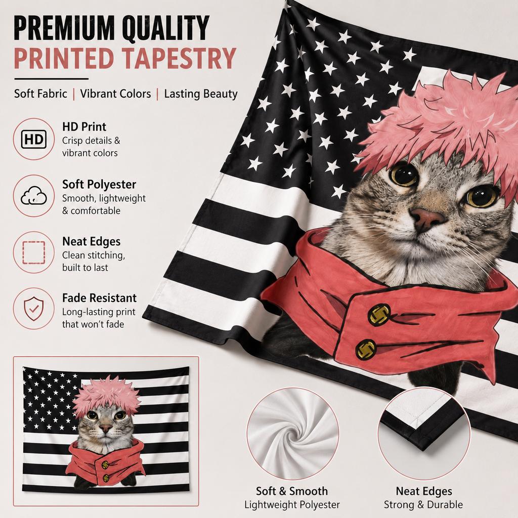 Funnypinkhairyuji I-Itadorianime Cat Tapestry Flat Printblackandwhite Americanflagwallhanging Aesthetic Room Decor For Dorm Gift