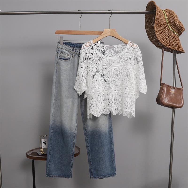 Hollow Knitwear Women's Loose Summer Crochet Cover-up - Korean Style Five-Sleeve Pullover Top