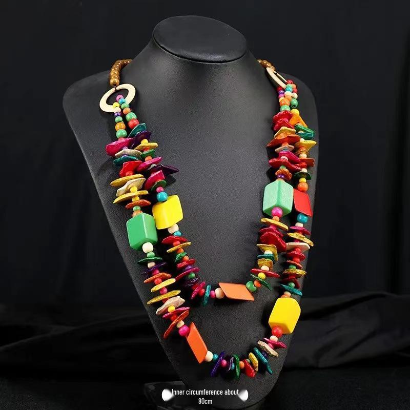 Bohemian Retro Colorful Beaded Ethnic Necklace with Handmade Gravel and Rice Beads for Women