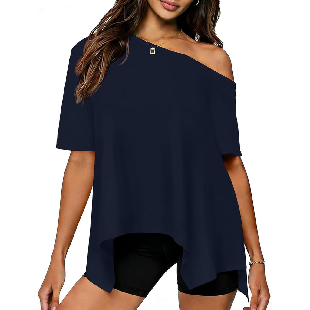 Women's Casual Off-shoulder Short-sleeved Asymmetric Hem Casual T-shirt Top