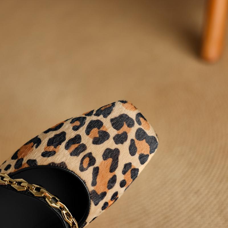 Fashion Women's New Leather, Cowhide, Leopard Print Square Head Metal Belt Buckle, Comfortable Low Heel Mary Jane Shoes, Fashion Single
