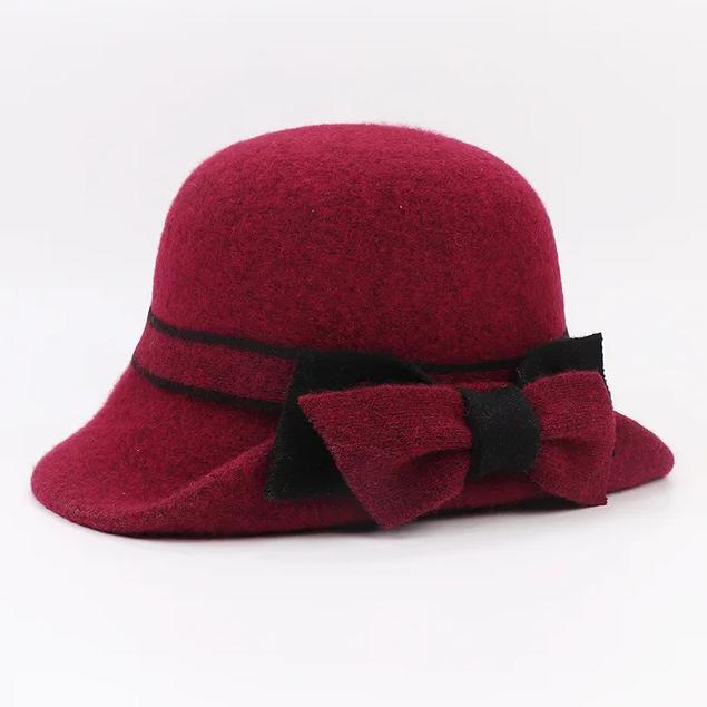 Women Party Formal Headwear Bucket Hat Lady Winter Fashion Asymmetric Ribbon Bowknot 100% Wool Felt Hats