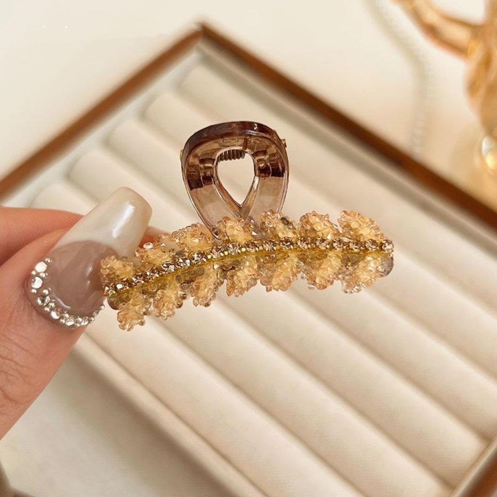Rhinestones Leaf Shaped Hair Claw Small Size Crystal Wheat Shark Jaw Clamp For Strong Hold Bun Women Girls Daily Use Headwear