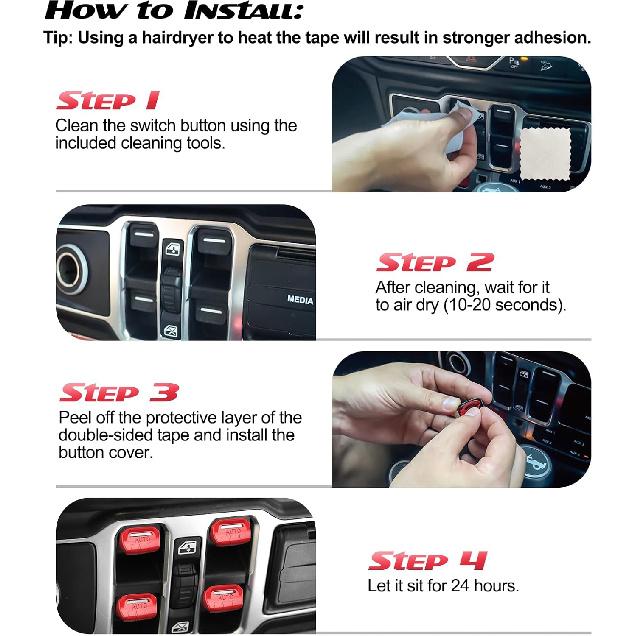 4PCS Upgraded Window Switch Button Cover Compatible with Jeep Wrangler JL JLU 2018-2025 and Gladiator JT     2024 2025 Wrangler 4xe Interior