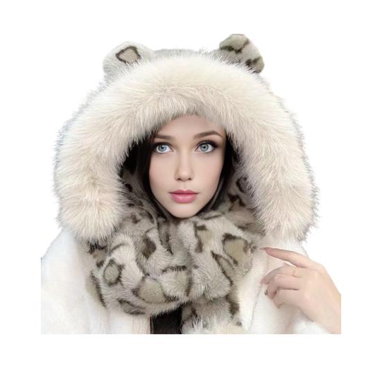 Winter Hat Leopard Print Imitation Fox Fur Windproof Hat Cold Weather Warm Ear Protection