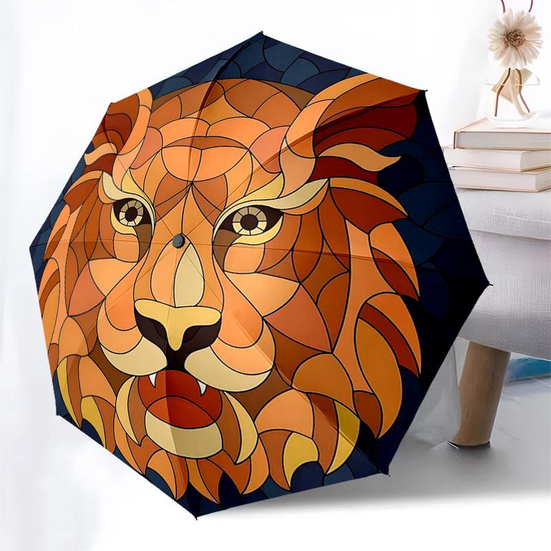 

1pc Stained Glass Lion Head Illustration Automatic Folding Umbrella with 8-Bone Iron Frame, Portable Tri-Fold Design for Outdoor Use, Perfect Gift for