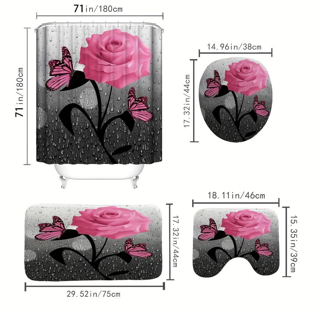 4 STK Luksus Sommerfugl Dusjforhengsett Geometriske Striper Draperier For Baderomstilbehørsett Badekarforheng Med Kroker Vanntett