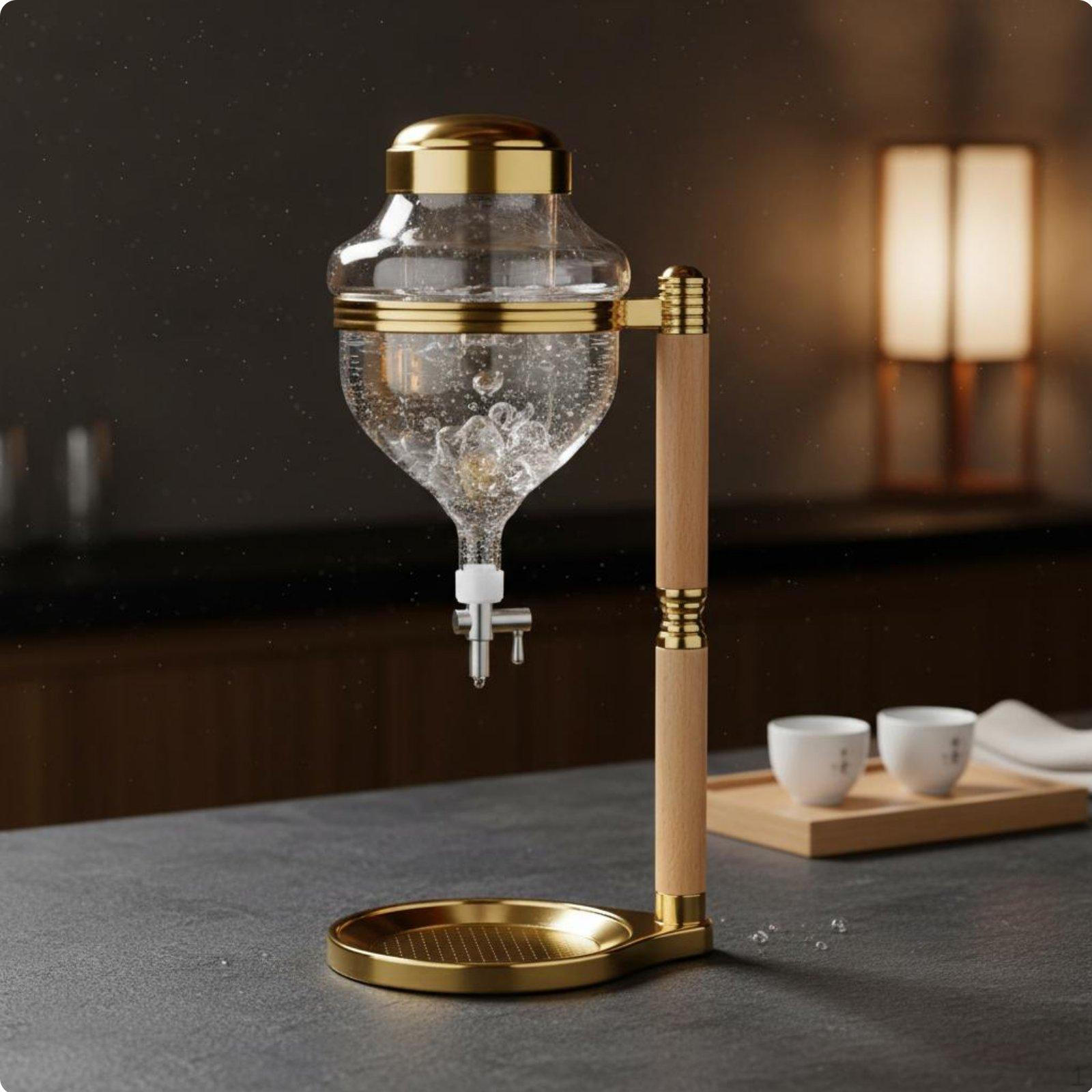 Japanese Design Sake Dispenser and Cold Use Crystal Beverage Chiller Pot Teardrop Gold Dragon Head Pot