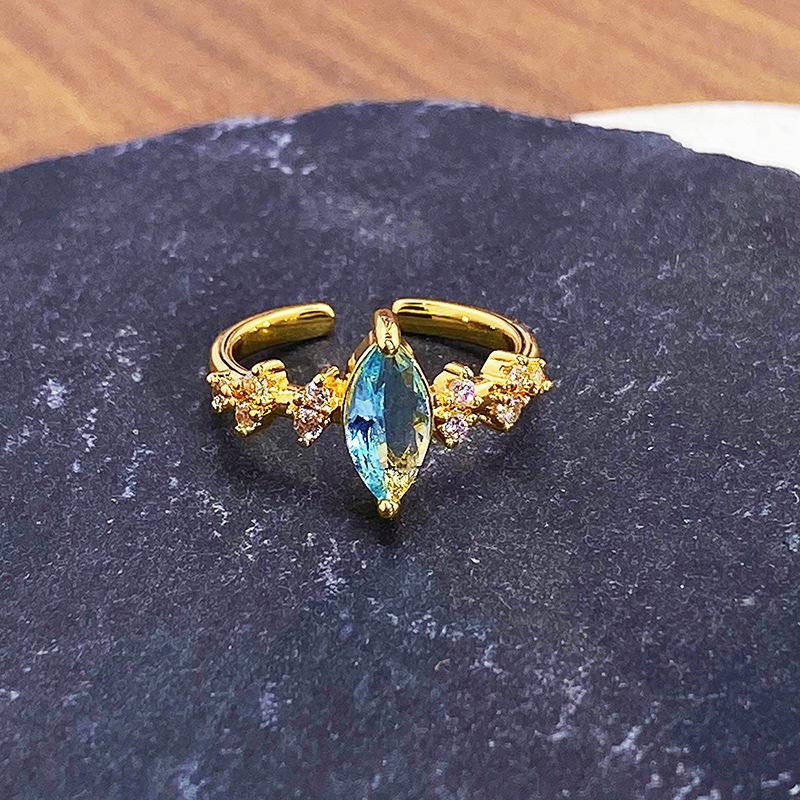 Blue Enamel Oil Drop Flower Bow Star Opening Ring Women'S Niche High-End Light Luxury Ring