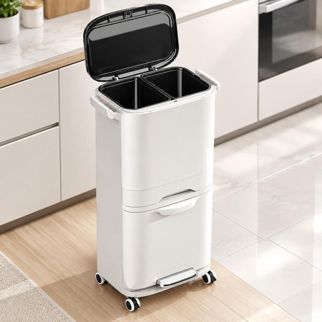 Tiered Kitchen Waste Bin with Pullout Drawer OdorReducing Rolling TwopartCompartment Trash Can