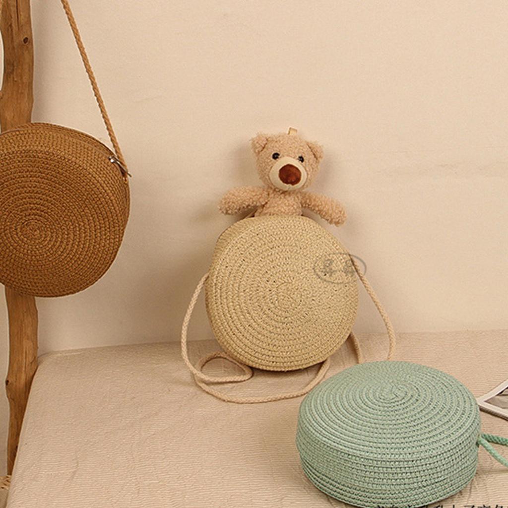 Solid Color Handwoven Bag Round Shoulder Bag Crossbody Bags for Women Girl Straw Woven Bag Large Capacity Beach Bag