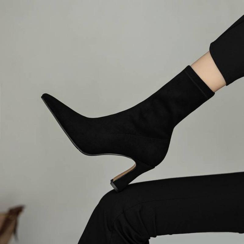 Autumn and winter stretch Martin boots solid color suede super high heel women's leather boots new round head versatile stiletto mid boots