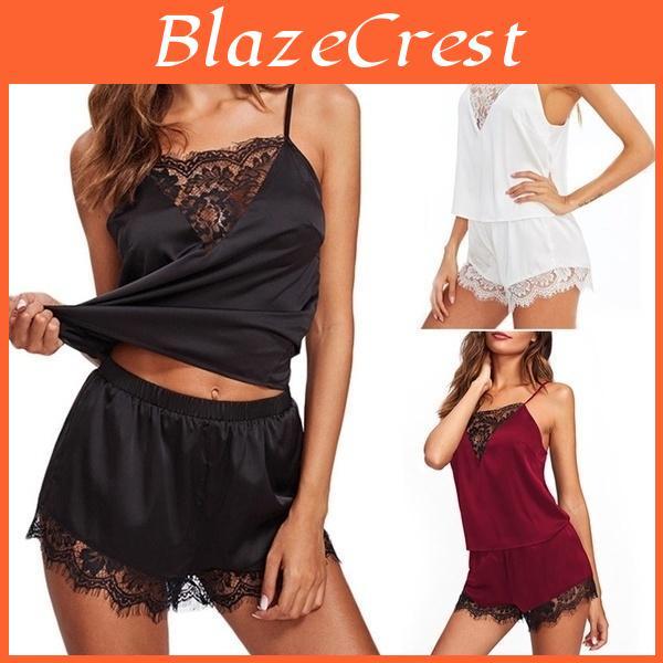 Silk Eyelash Ice Womens Lace Patchwork Pajamas Set Sexy Lingerie Nightwear