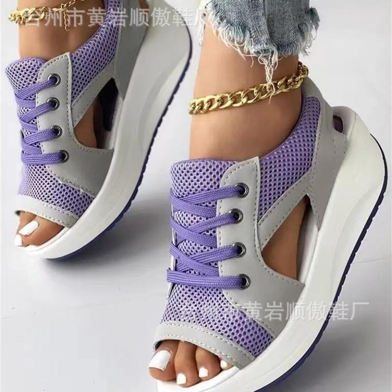 Sandals Women's Summer New Fashion Fish Mouth Sandals Lace-up Wedge Heel Rocking Bottom Sports Sandals