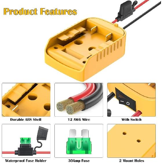 Power Wheels Adapter for Dewalt 20V Battery Adapter with Switch Fuse & Wire Terminals 12AWG Wire DIY Ride On Truck RC Car Toys