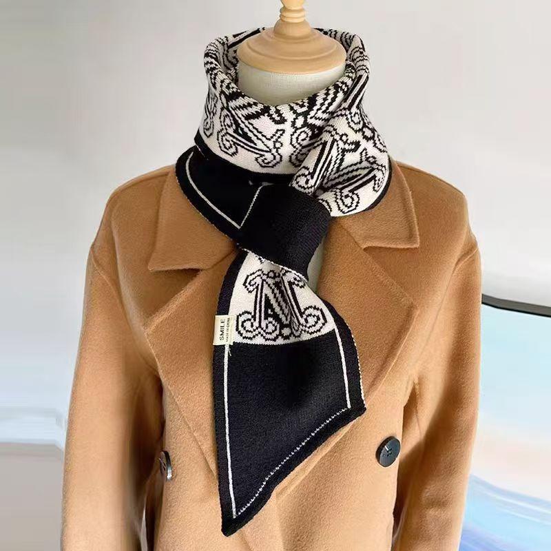 New knitted small scarf women's wool scarf autumn and winter small ears letter camellia narrow scarf