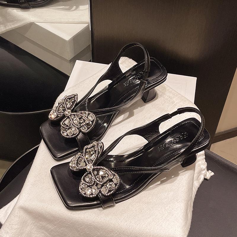 Shallow mouth empty rhinestone bow empty sandals high heels summer new one-pedal sandals women