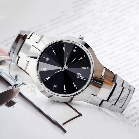 Casual Couple Round Dial Calendar Alloy Linked Strap Analog Quartz Wrist Watch