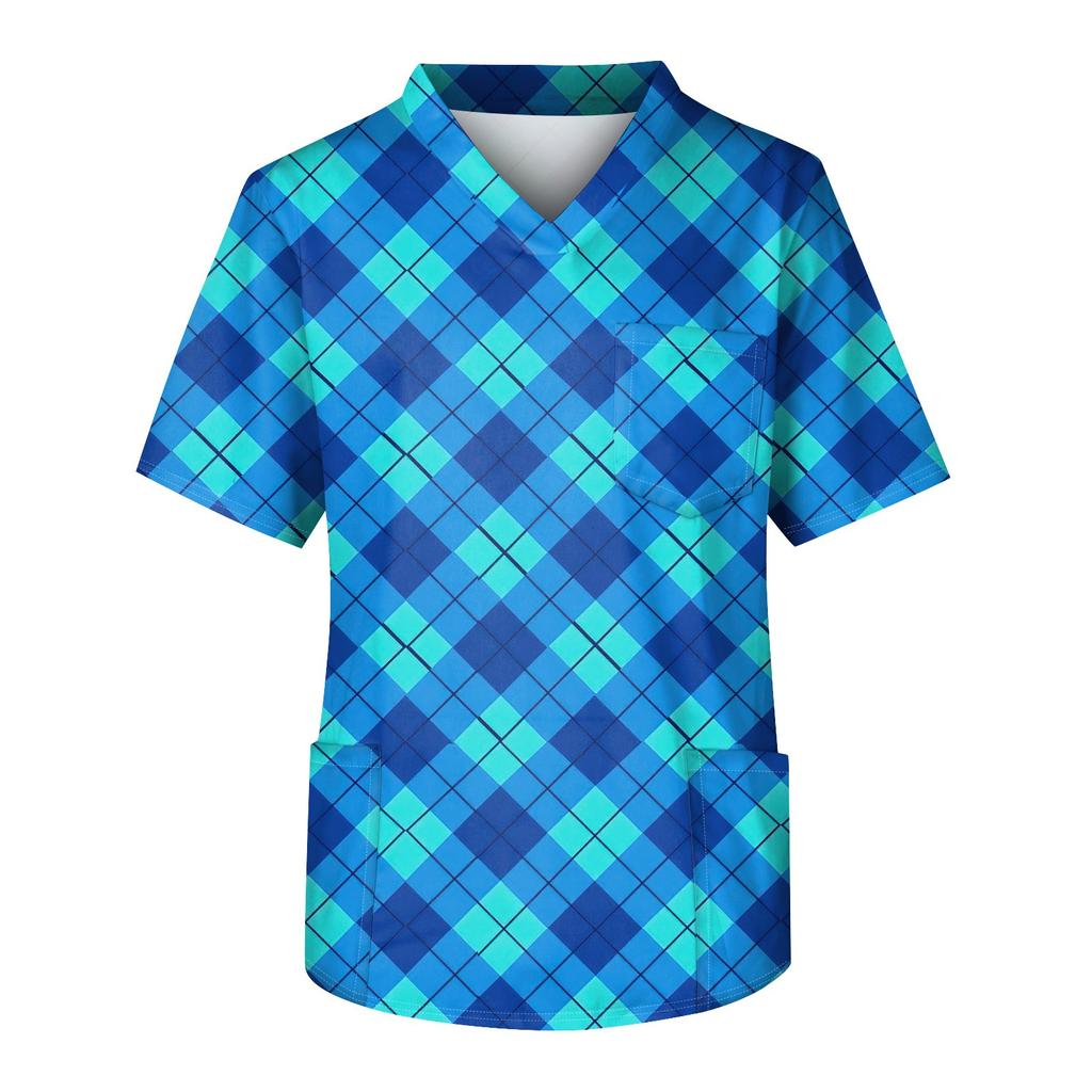 Men's Printing Short Sleeve V-neck Working Blouse Chest Pocket Carer Top