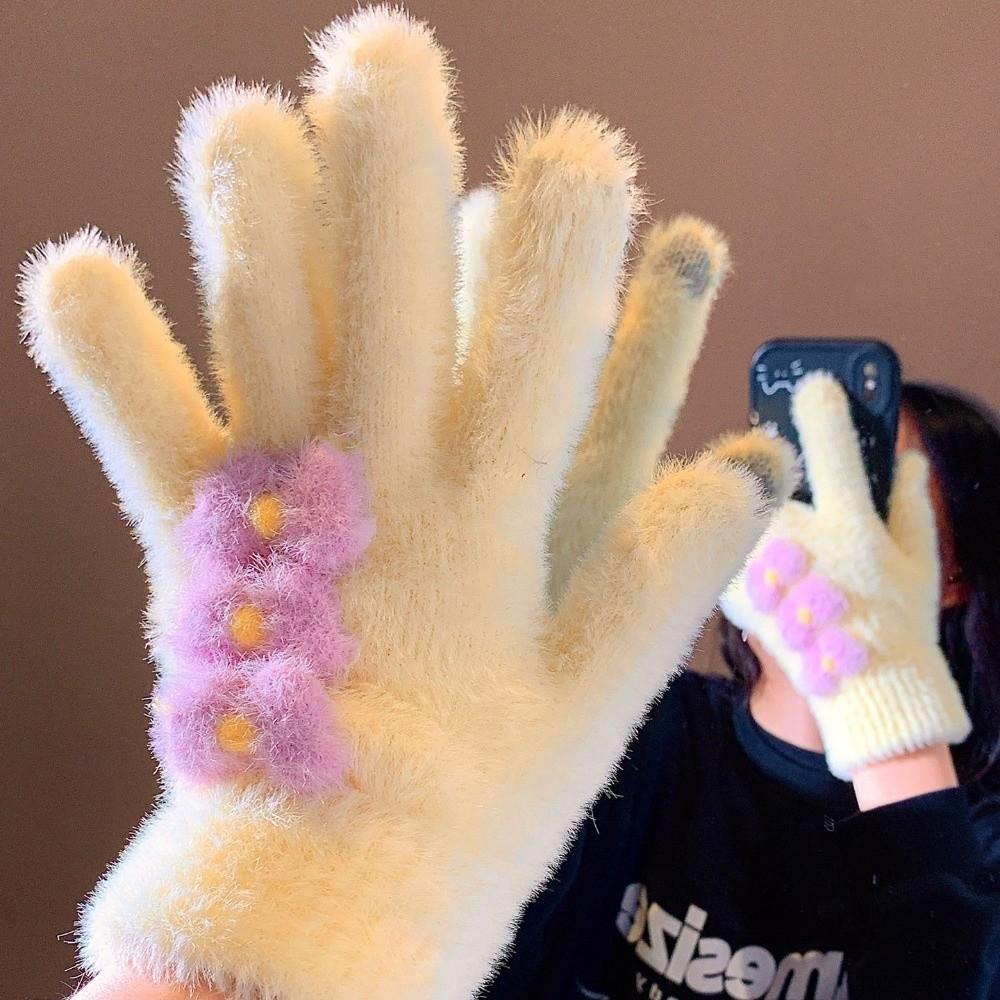 Fuzzy Bow Decorated Knitted Full Finger Gloves Polyester Warm Plush Gloves Cycling Use