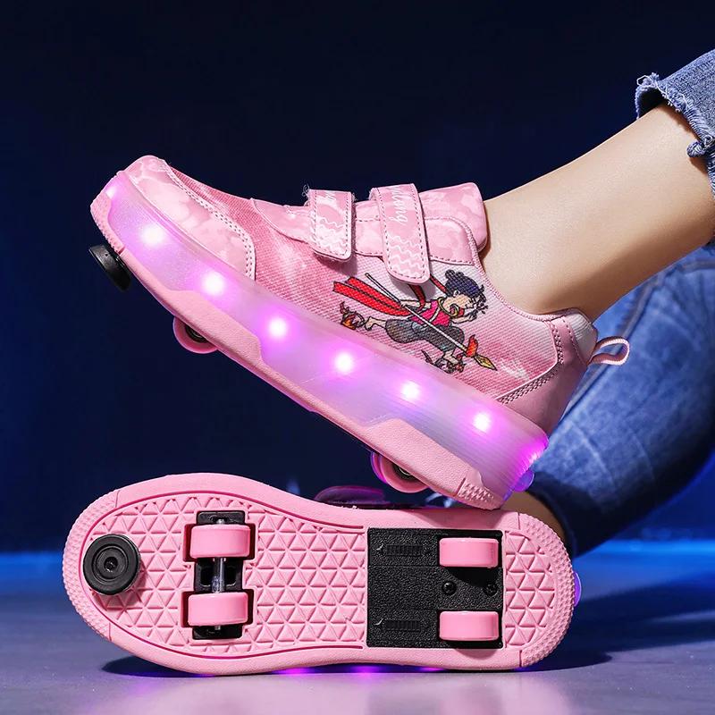 

Unisex Button 4 Wheel Roller Skates Shoes New LED Sneakers With Wheels For Boy Girls Skating Skates Shoes With Wheels 29