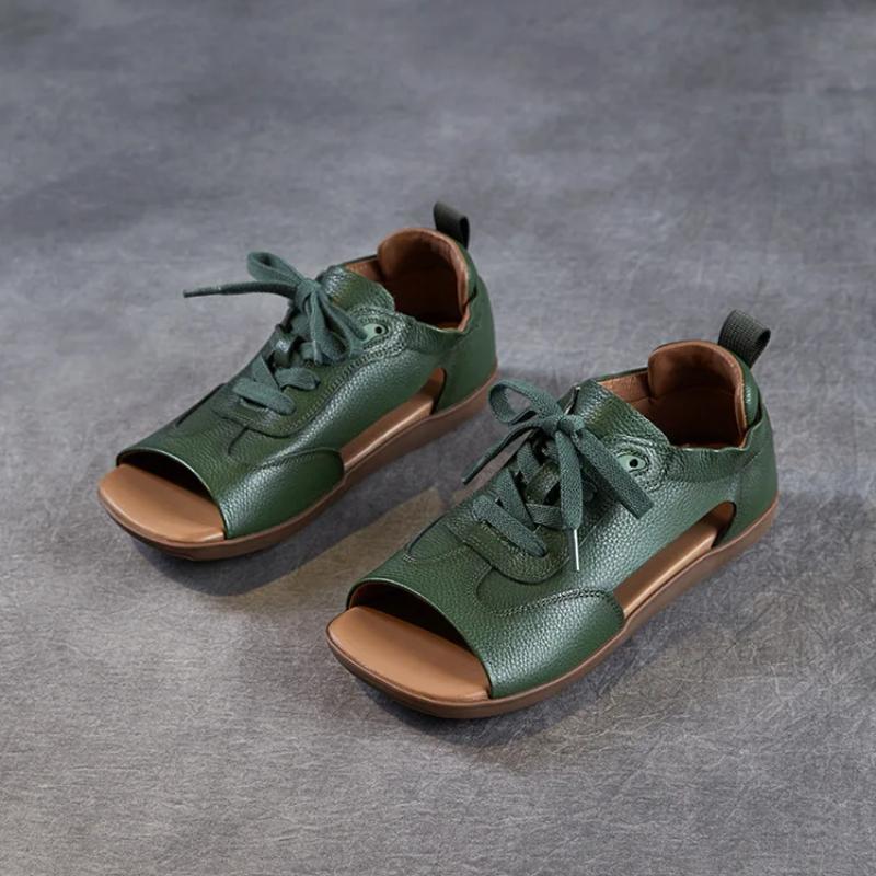 Johnature Sandalias Peep Toe de Cuero Genuino Retro de Suela Plana con Cordones Zapatos de Mujer de Suela Blanda