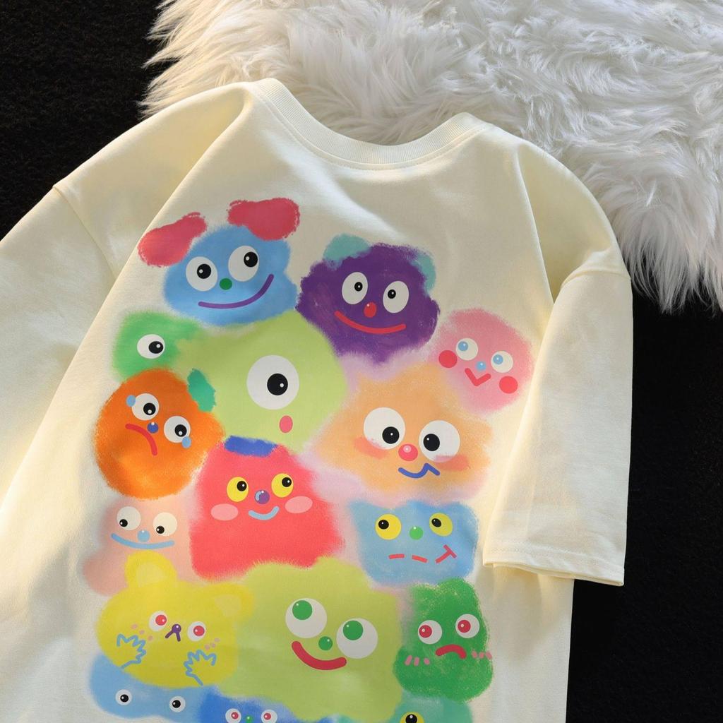 Unisex Retro Cartoon Print Cotton T-Shirt, Plus Size, Loose Fit, Short Sleeve