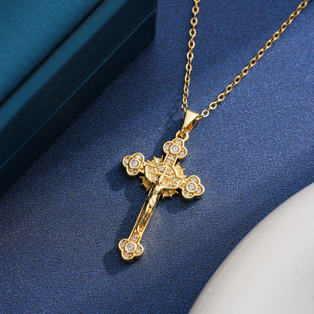 Women s Colorful Zirconia Cross Pendant Necklace - Stainless Steel, Full Diamond Niche Design