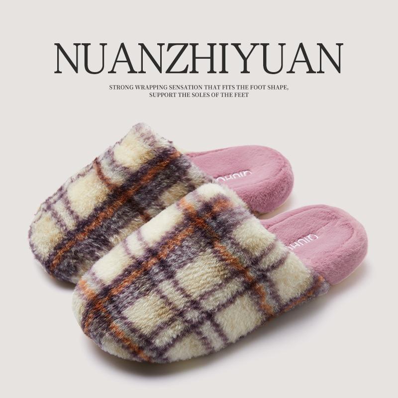 Cotton slippers women's winter retro plaid winter warm home indoor non-slip home plush couple slippers winter
