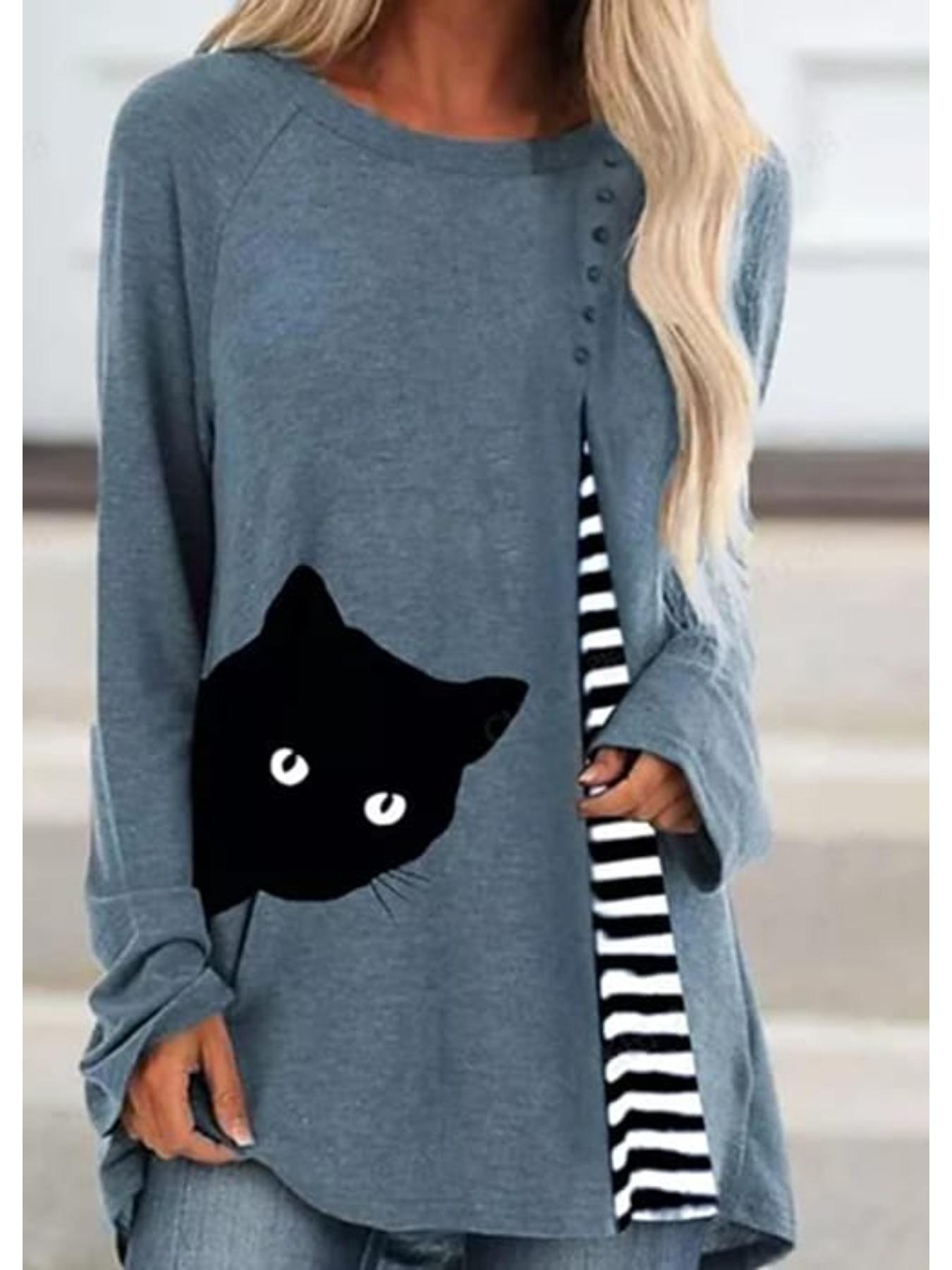 

Жіноча футболка великого розміру, зручна, з довгим рукавом, круглим вирізом, з принтом чорного кота, повсякденна, мішкувата, середньої довжини, топи 8XL синій