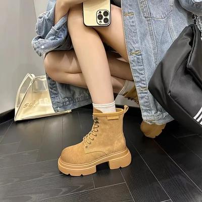 New Fashionable and Versatile Women's Boots Round Toe Women's Boots Lace-Up Thick Sole Square Heel Winter Naked Boots