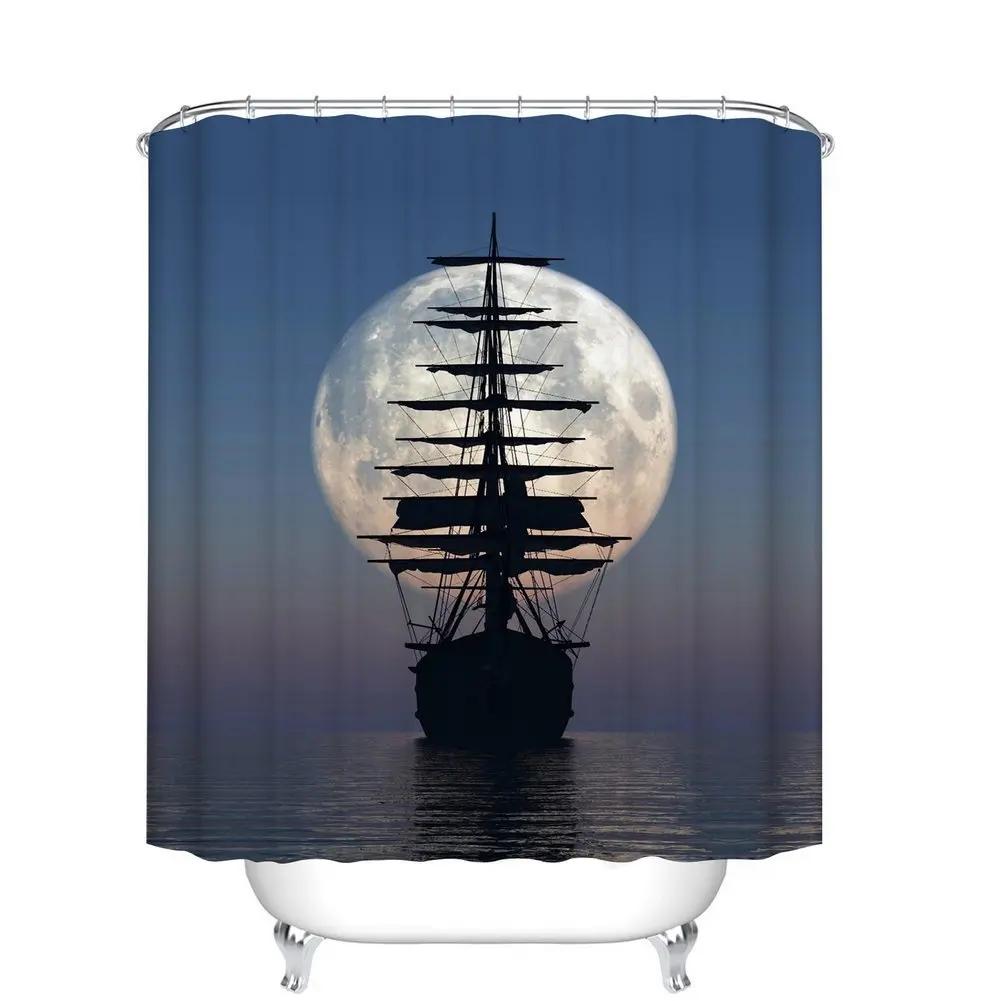 Norse Vikings Ship Shower Curtain Fantasy Boat Art Black and White Color Sailing Dragon Ship Bath Curtains for Bathtub with Hook