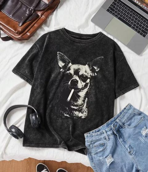 Ladies Trendy and Fashionable Retro Vintage Vintage Tshirt Retro Washed Tshirt Retro Pet Round Neck Dog Owner Tshirt