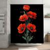 Red Poppies On Black Background Waterproof Shower Curtain Heat Resistant Machine Washable Non-Transparent 180x180cm