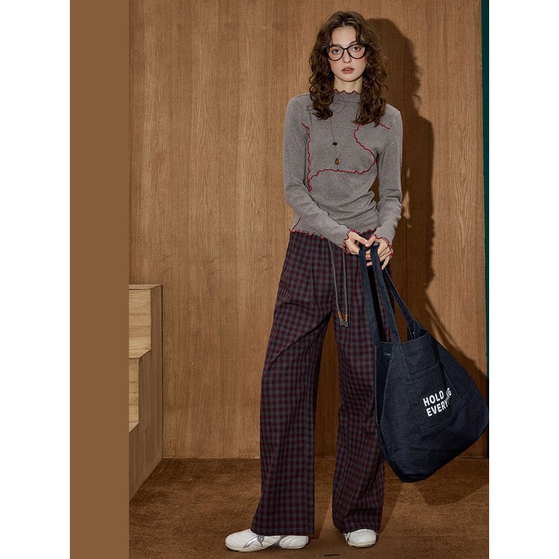 Coolhut25 New Autum Women's Fashion Casual Versatile Plaid Coffee Plaid Wide-Leg Straight Casual Pants