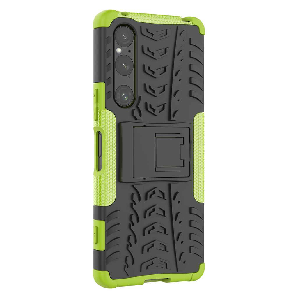 For Sony Xperia 1 V Tyre Pattern PC+TPU Phone Case Kickstand Shockproof Cell Phone Cover