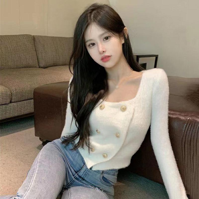 

Женский свитер короткого стиля с квадратным вырезом, типа кардигана, вязаный норковый свитер