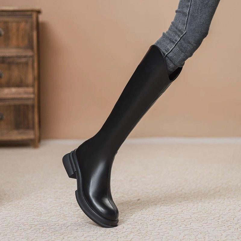 Legs thin high boots thick sole high French black V-mouth knight boots women's 2025 autumn and winter new round head thick heel