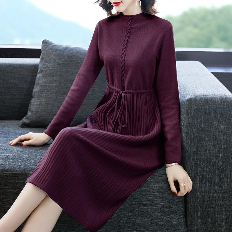 Knitted Dress for Women Autumn and Winter Waist Cinched Mid Length Sweater Dress Casual Base Over Knee Dress