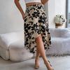 Women's Fashionable Floral Print Elastic Waist Ruffle Edge Mid Length Irregular Skirt