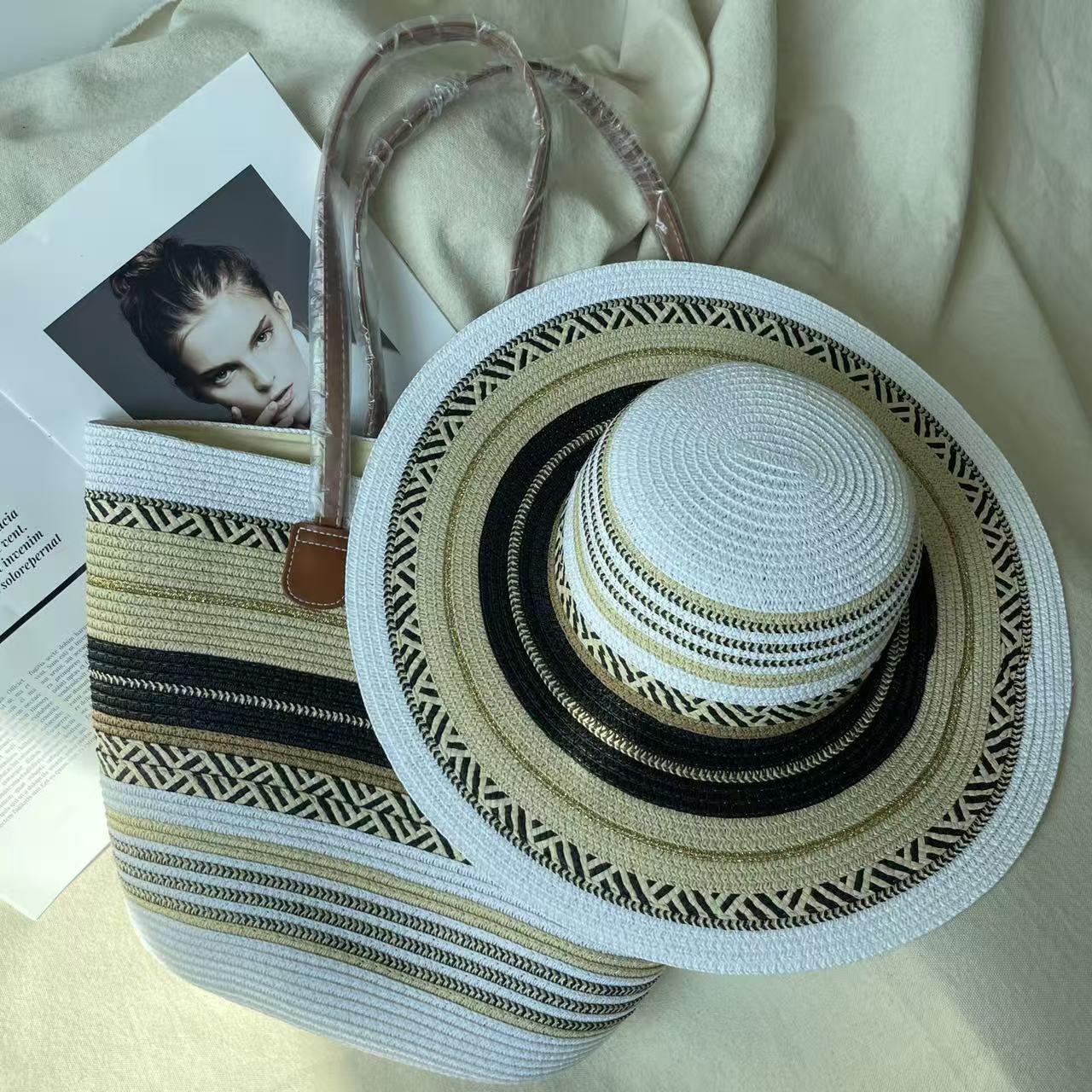 

Богемный этнический отпускной набор: Соломенные шляпы и женские летние дорожные сумки для защиты от солнца на морском побережье.