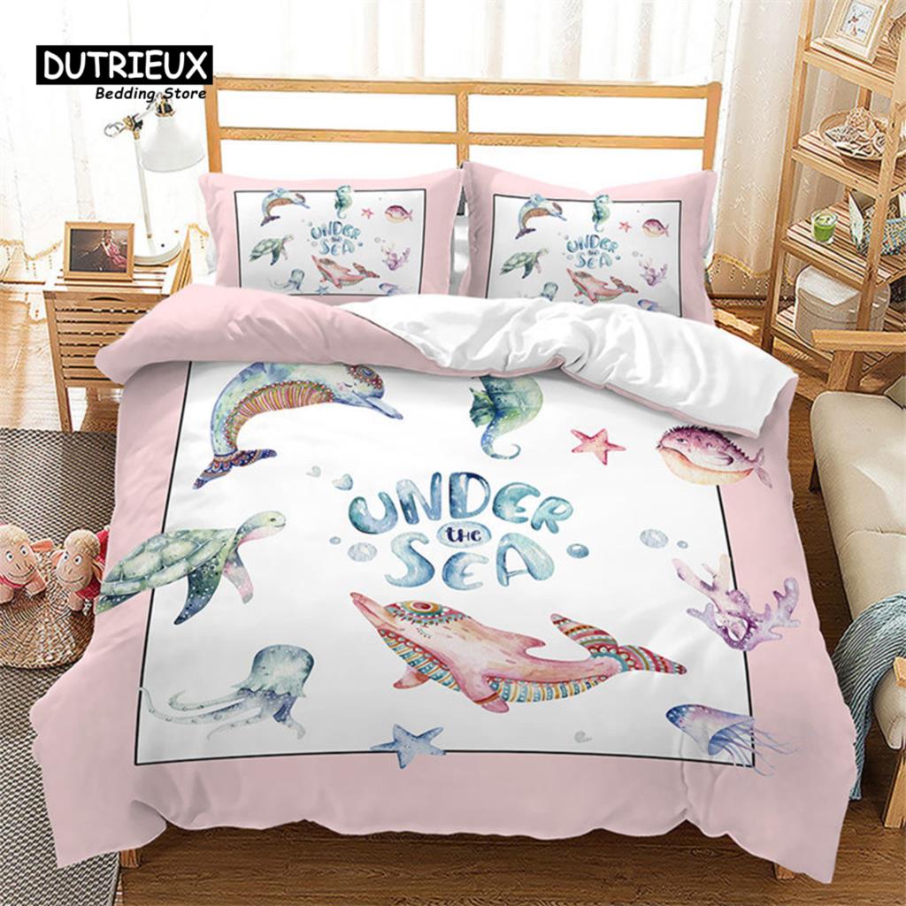 Dziecięca Kreskówkowa Poszwa na Kołdrę Mikrofibra Morze Podwodny Świat Poszwa na Kołdrę Pełna Dla Chłopców Dziewczynek Motyw Morski Zestaw Pościeli