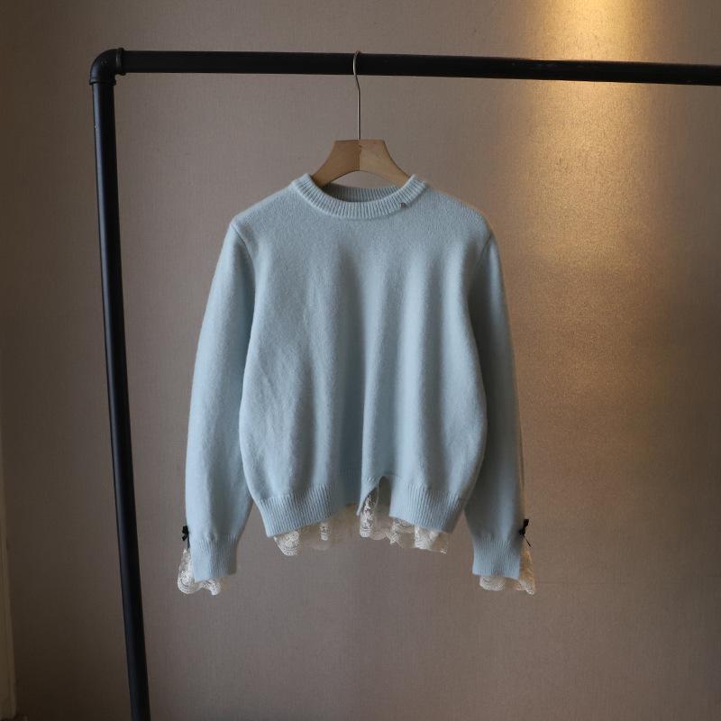 

Зимний свитер в корейском стиле с кружевом и бантом, круглый вырез для женщин One Size синий