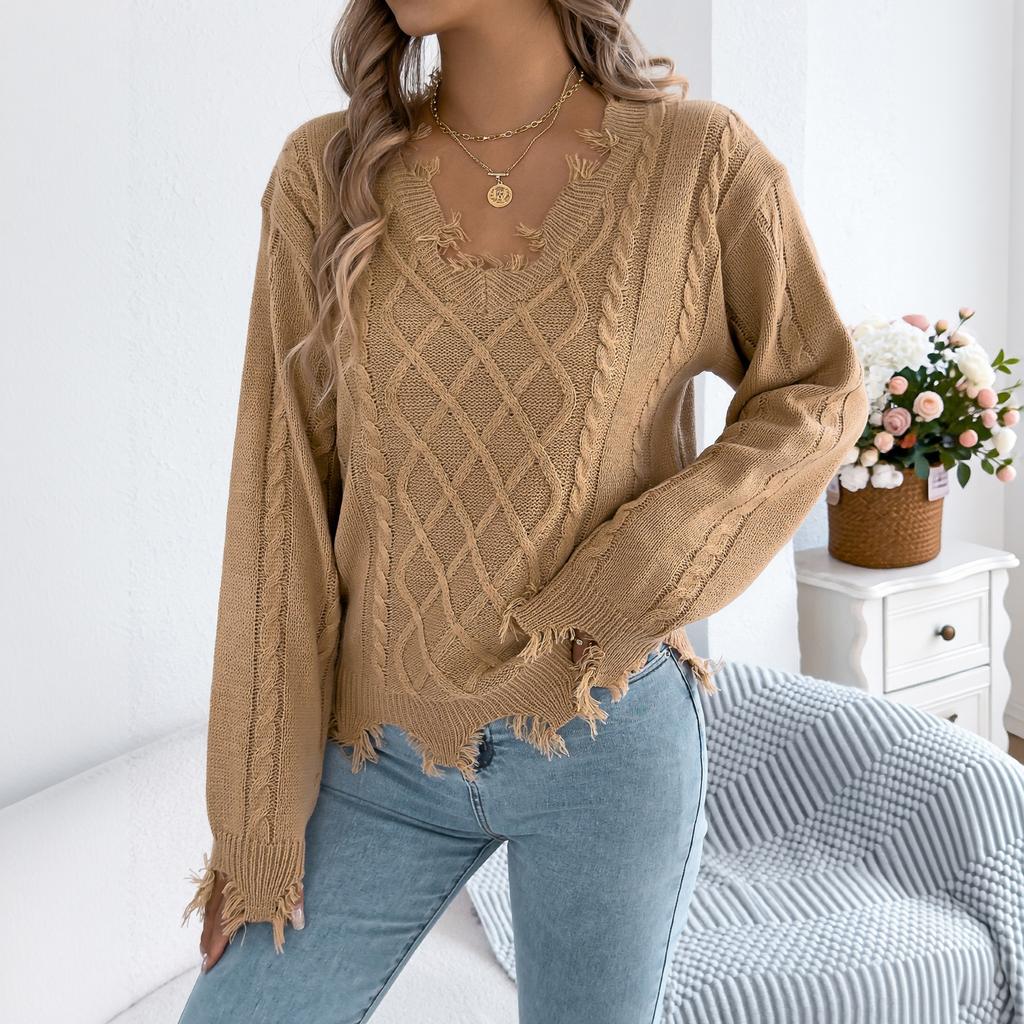 Women's Casual Color V-Neck Cable Knit Long Sleeve Sweater for Everyday Wear