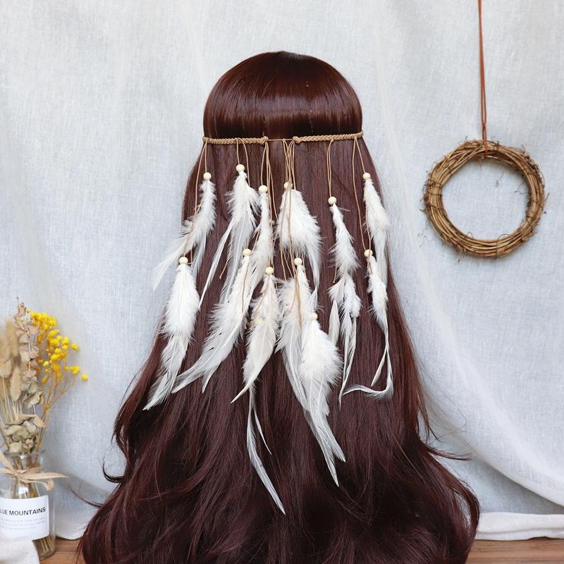 

Vintage Bohemian long fringed feather headband female Indian headgear travel vacation hairline